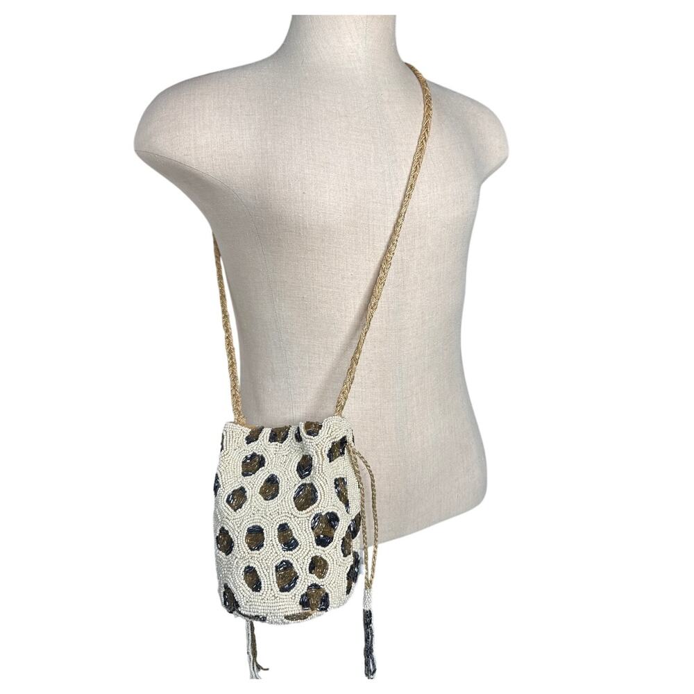 Vintage Guadalupe Designs beaded animal print bucket bag cream, black and brown